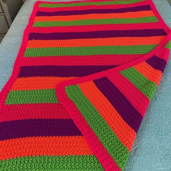 Vibrant Striped Crochet Blanket Afghan throw Retro neon striped - Picture 4 of 5